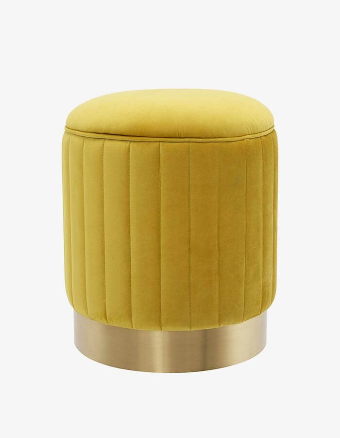 Dilimli Kadife Pirinç Rengi Metal Ayaklı Yuvarlak Puf