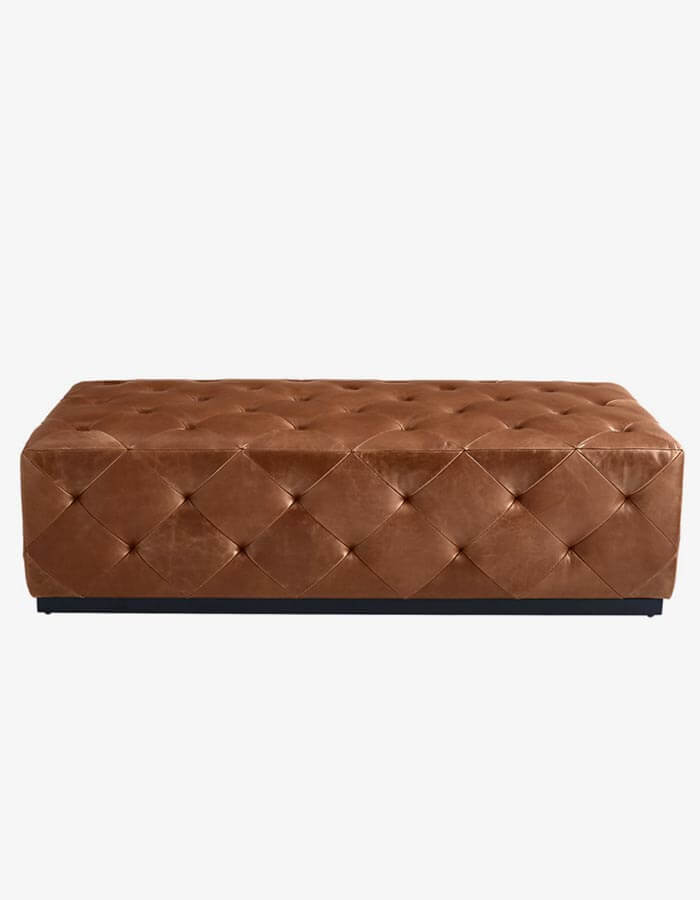 Kahverengi Suni Deri Kapitoneli Ahşap Siyah Ayaklı Bench