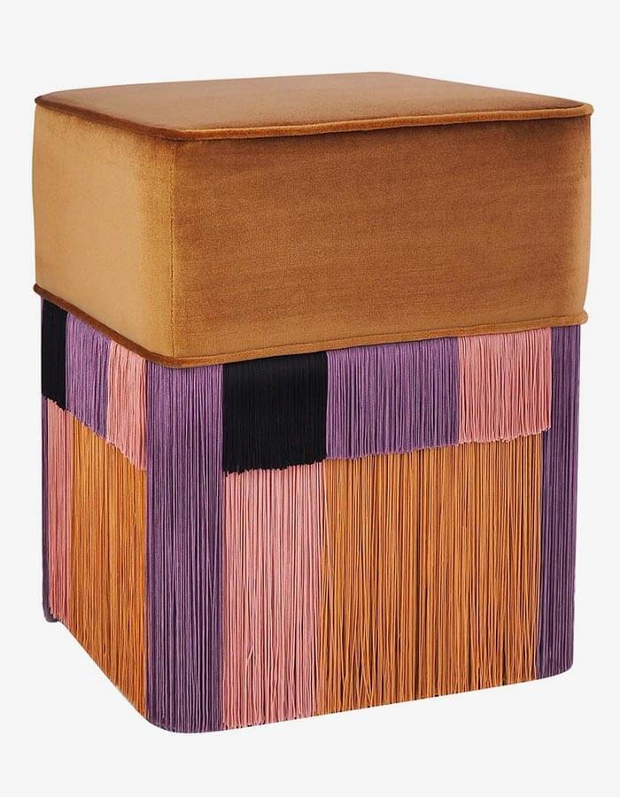 Karamel Rengi Kadife Kumaşlı Çok Renkli Püsküllü Kare Puf