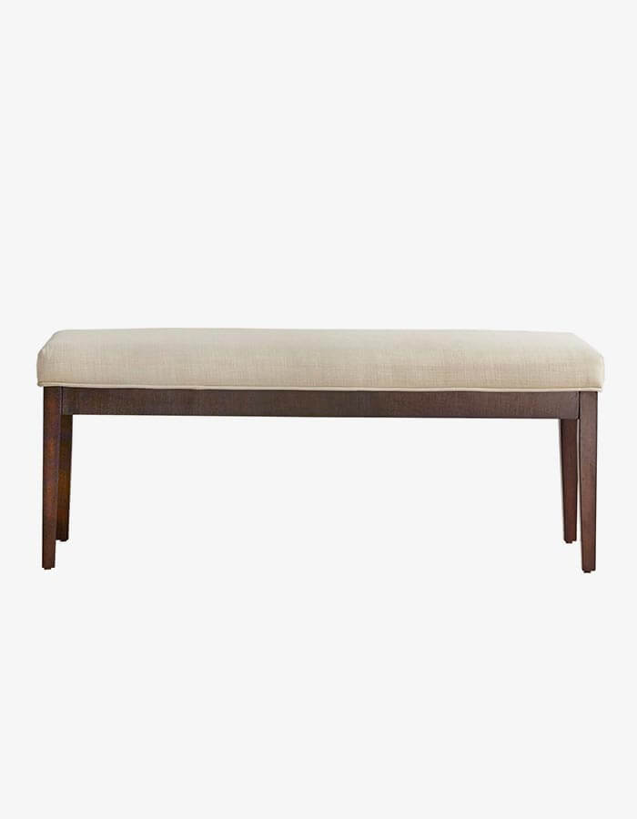 Krem Rengi Keten Kumaşlı Koyu Ceviz Rengi Masif Ayaklı Bench