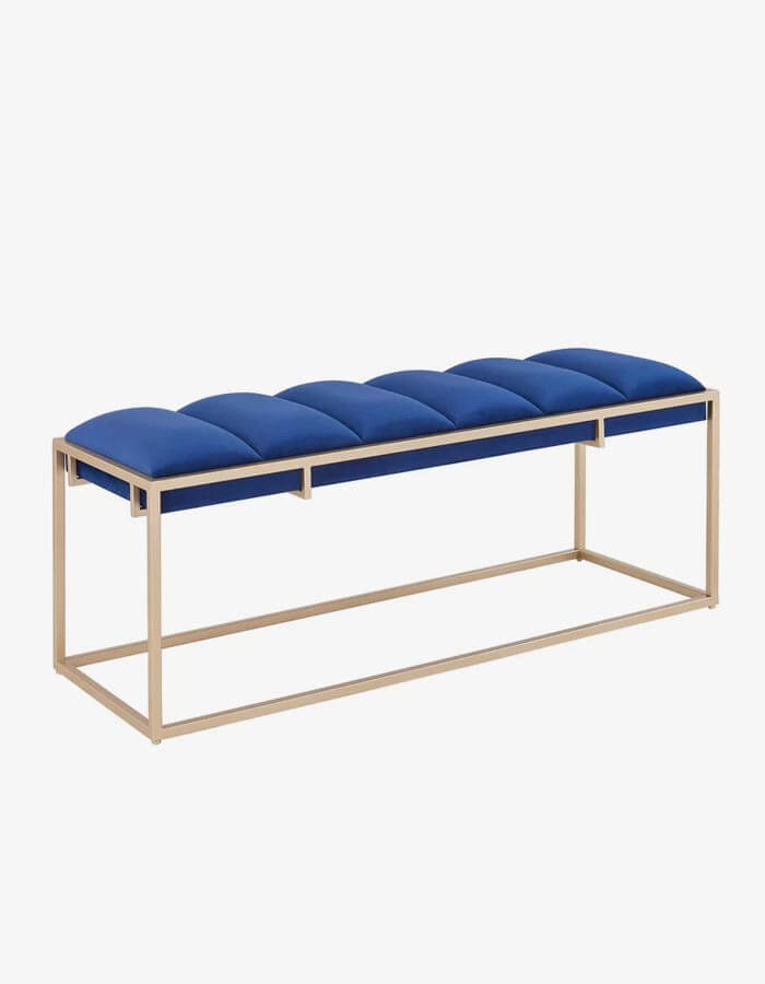 Lacivert Kadife Pirinç Eskitme Rengi Metal Ayaklı Bench Bank