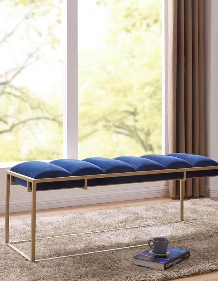 Lacivert Kadife Pirinç Eskitme Rengi Metal Ayaklı Bench Bank detay