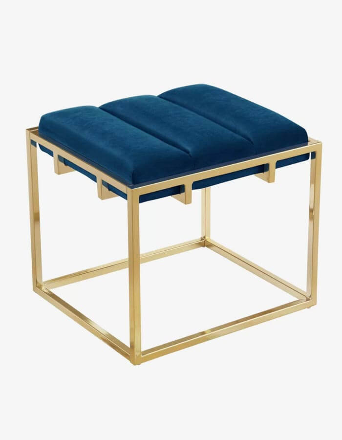 Lacivert Kadife Pirinç Eskitme Rengi Metal Ayaklı Tabure Puf