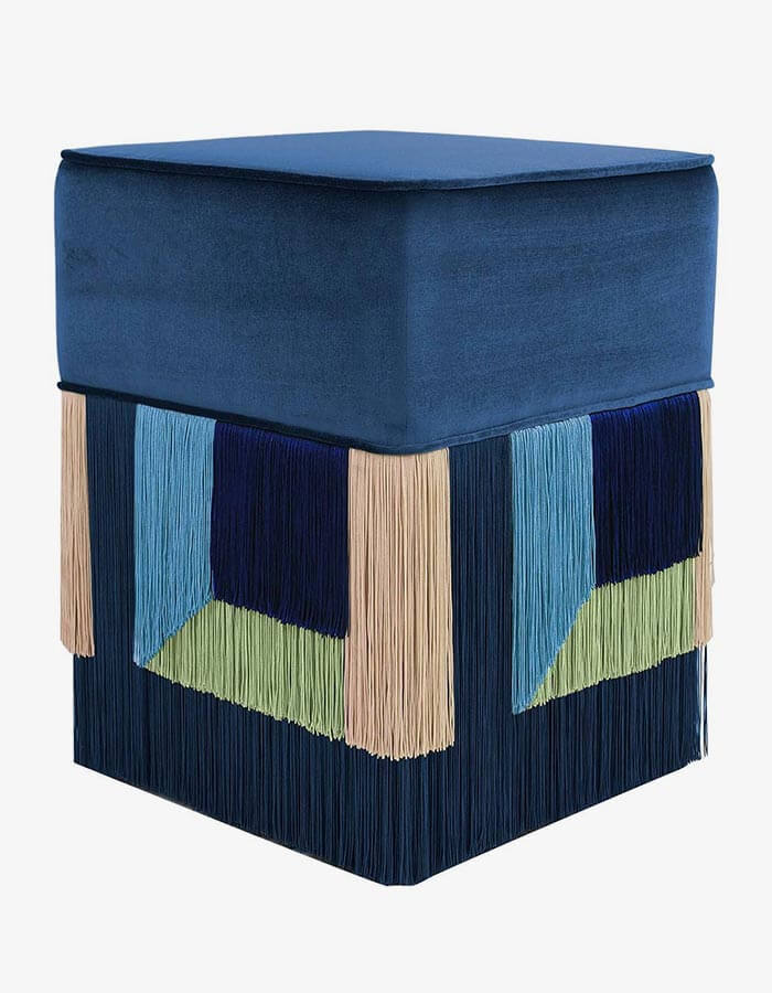 Mavi Kadife Kumaşlı Çok Renkli Hareketli Püsküllü Kare Puf