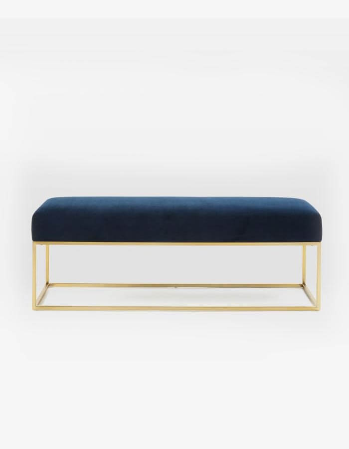 Mavi Kadife Kumaşlı Parlak Pirinç Kaplama Metal Ayaklı Bench Bank