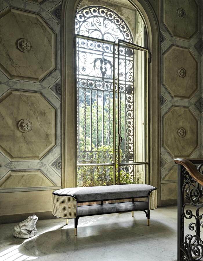 Naturel Bambu Hazeranlı Siyah Ahşap Rattan ve Pirinç Rengi Pabuç Detaylı Hasırlı Bench LİFE 2