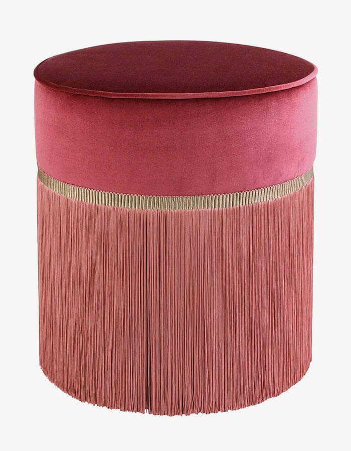 Pembe Kadife Kumaşlı Püsküllü Yuvarlak Puf