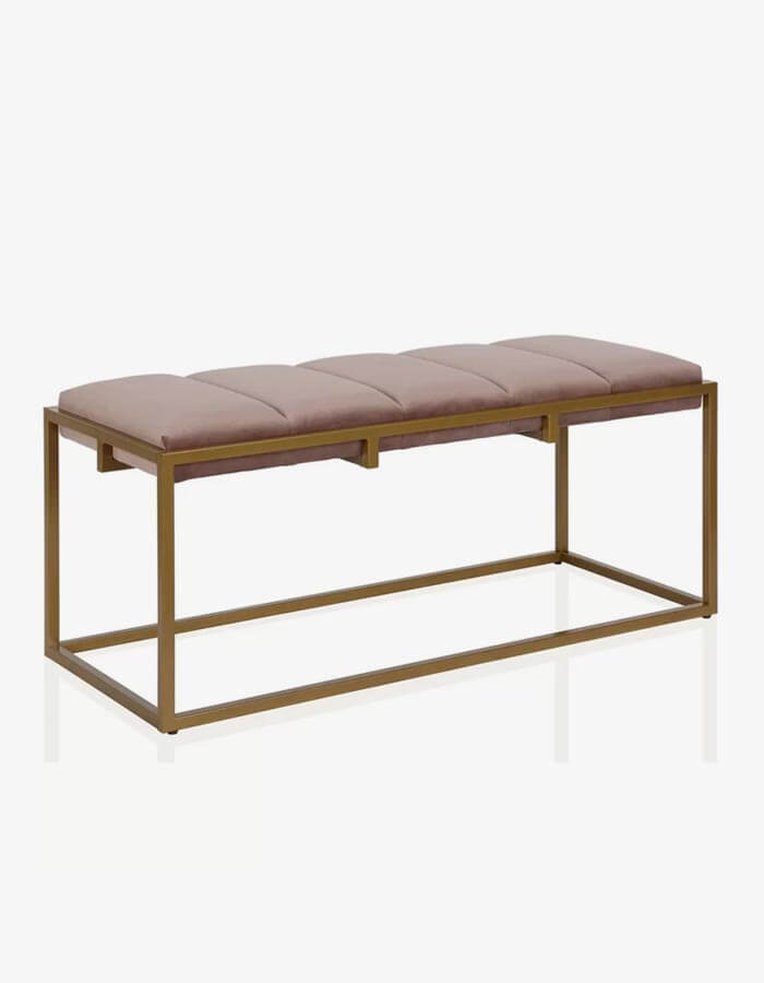 Pudra Kadife Pirinç Eskitme Rengi Metal Ayaklı Bench Bank