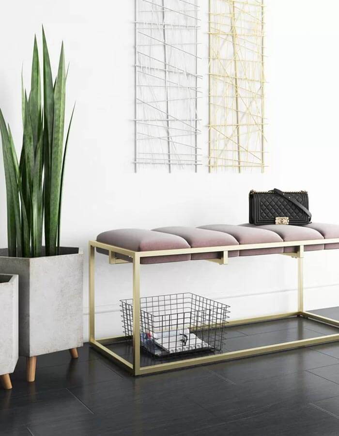 Pudra Kadife Pirinç Eskitme Rengi Metal Ayaklı Bench Bank detay