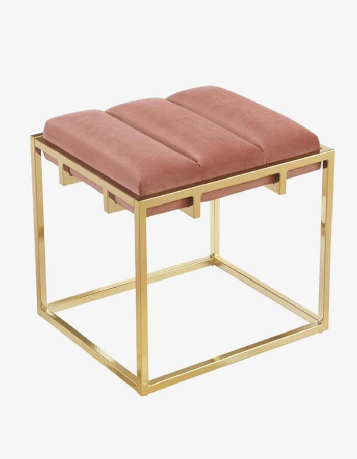 Pudra Kadife Pirinç Eskitme Rengi Metal Ayaklı Tabure Puf