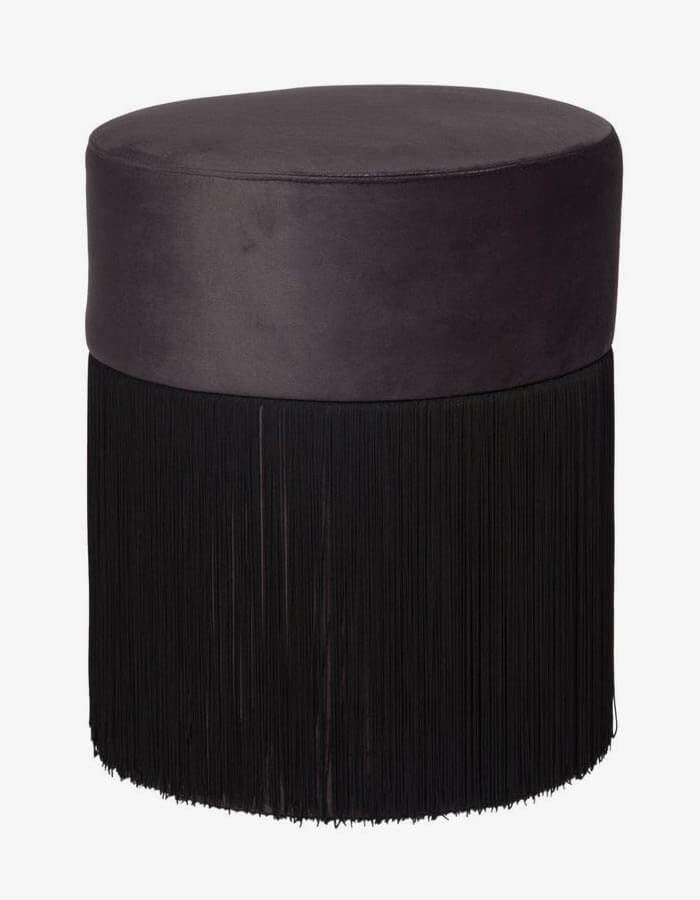 Siyah Kadife Kumaşlı Siyah Püsküllü Yuvarlak Puf