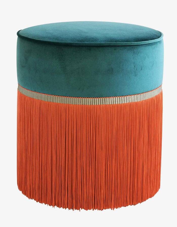 Turkuaz ve Turuncu Kadife Kumaşlı Püsküllü Yuvarlak Puf