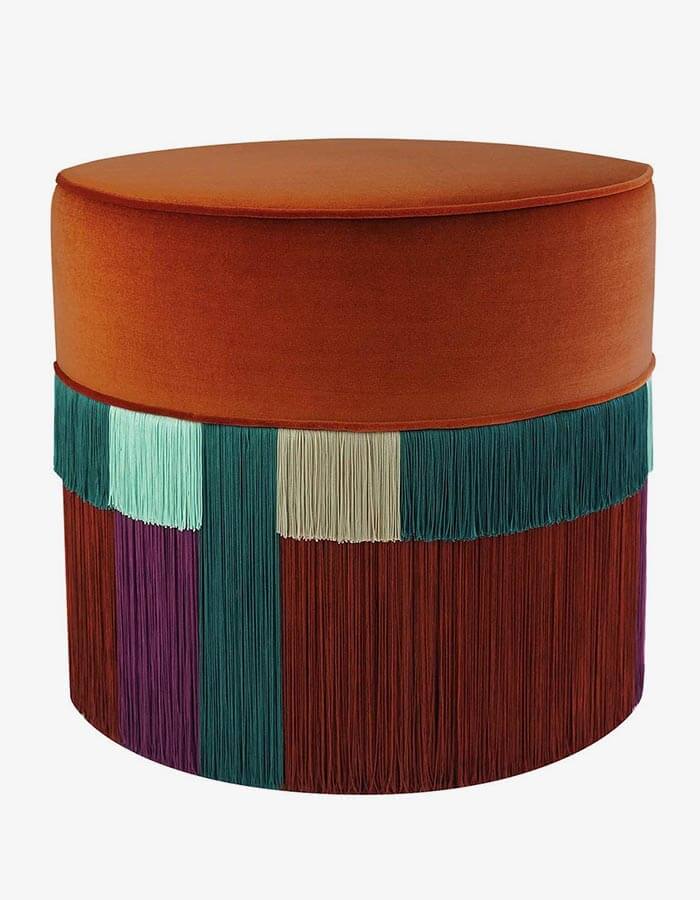 Turuncu Kadife Kumaşlı Çok Renkli Hareketli Püsküllü Yuvarlak Puf