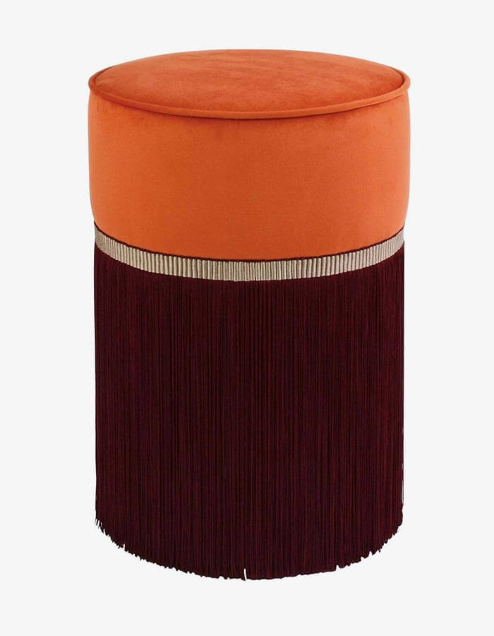 Turuncu ve Bordo Kadife Kumaşlı Püsküllü Yuvarlak Puf