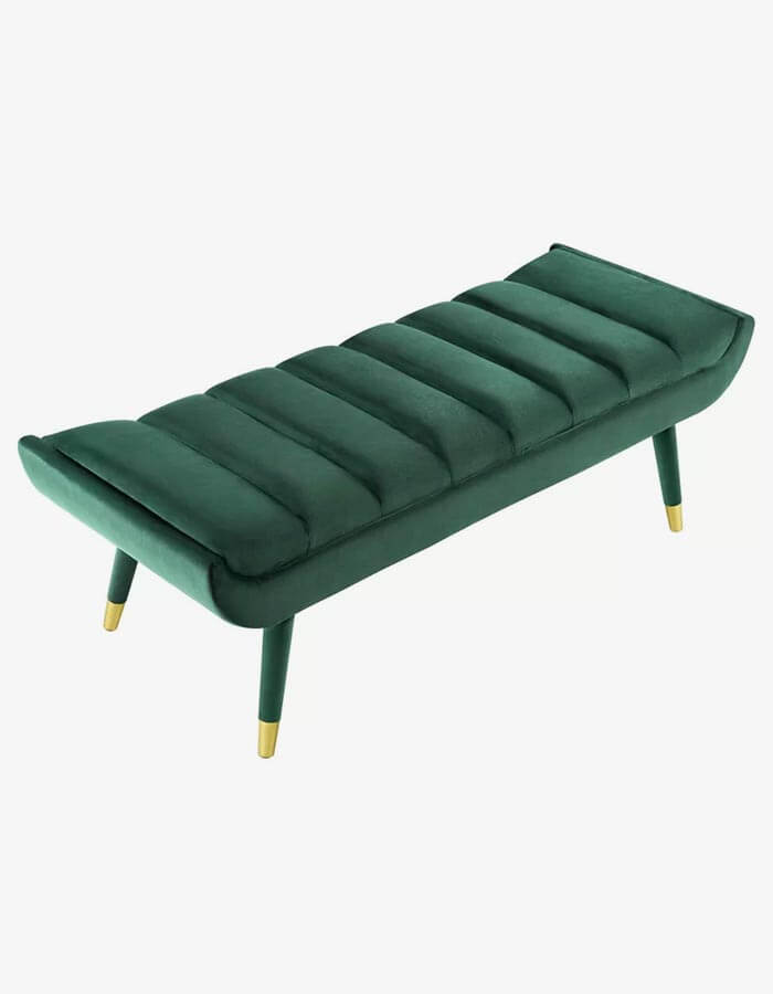 Yeşil Kadife Kumaşlı Ahşap Siyah Ayaklı Pirinç Rengi Pabuçlu Uzun Bench Bank