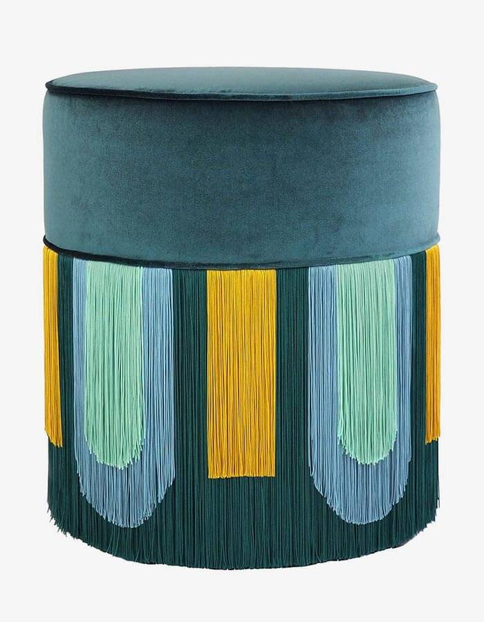 Yeşil Kadife Kumaşlı Çok Renkli Desenli Püsküllü Yuvarlak Puf