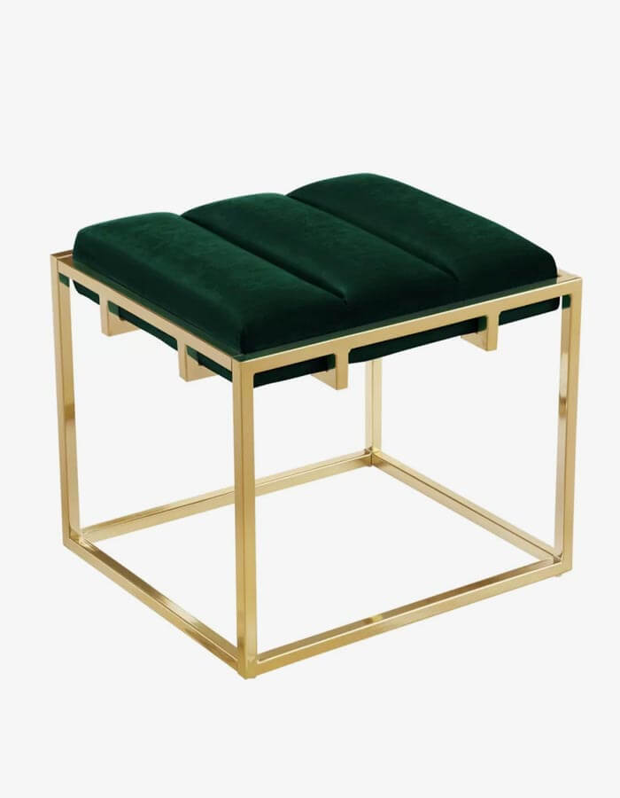 Zümrüt Yeşili Kadife Pirinç Eskitme Rengi Metal Ayaklı Tabure Puf