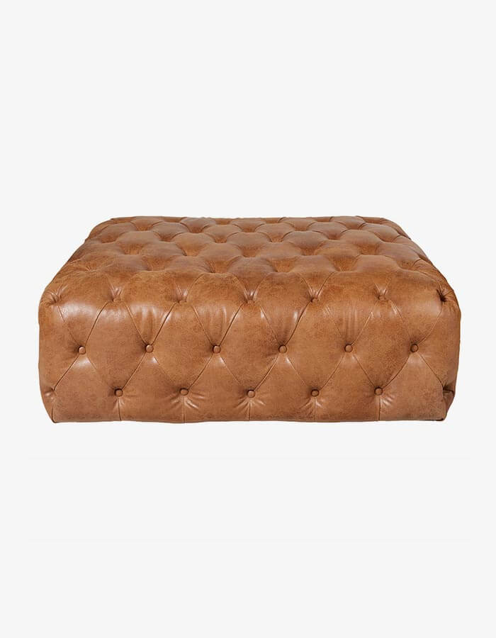 Kahverengi Suni Deri Kumaşlı Kapitoneli Düğmeli Kare Puf