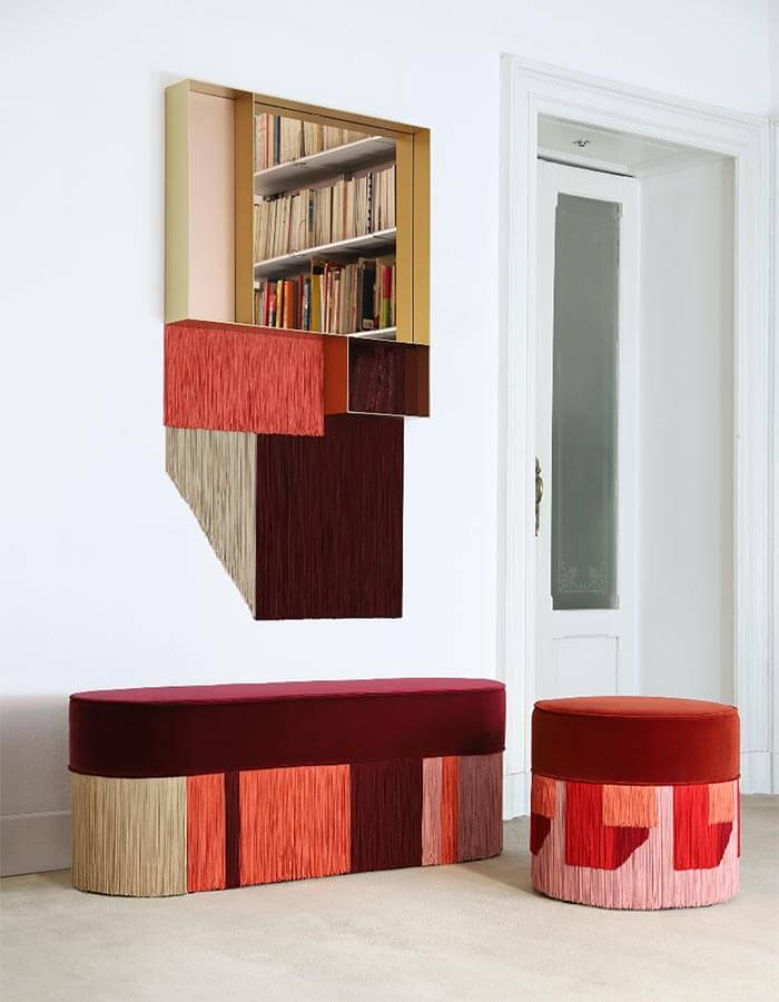 Bordo Kadife Kumaşlı Çok Renkli Hareketli Püsküllü Yuvarlak Puf