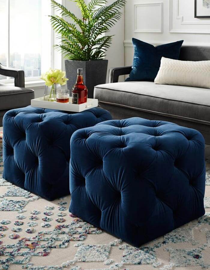 Lacivert Kadife Kumaşlı Kapitoneli Kare Puf