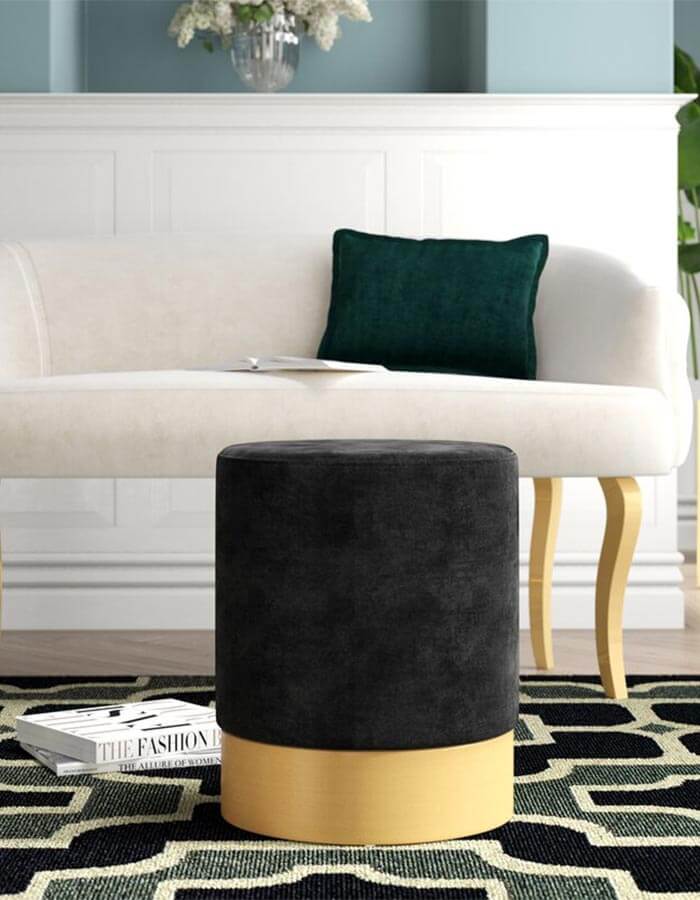 Siyah Kadife Pirinç Rengi Metal Ayaklı Yuvarlak Puf