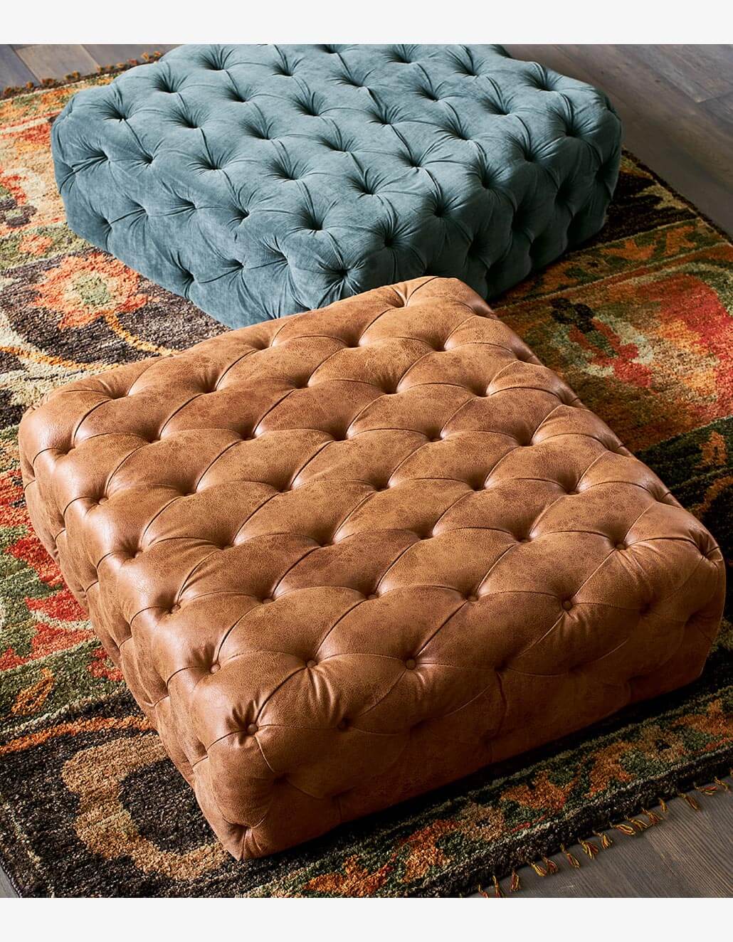 Kahverengi Suni Deri Kumaşlı Kapitoneli Düğmeli Kare Puf