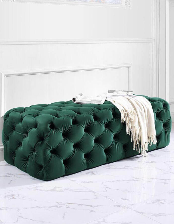 Zümrüt Yeşili Rengi Kadife Kapitoneli Dikdörtgen Puf