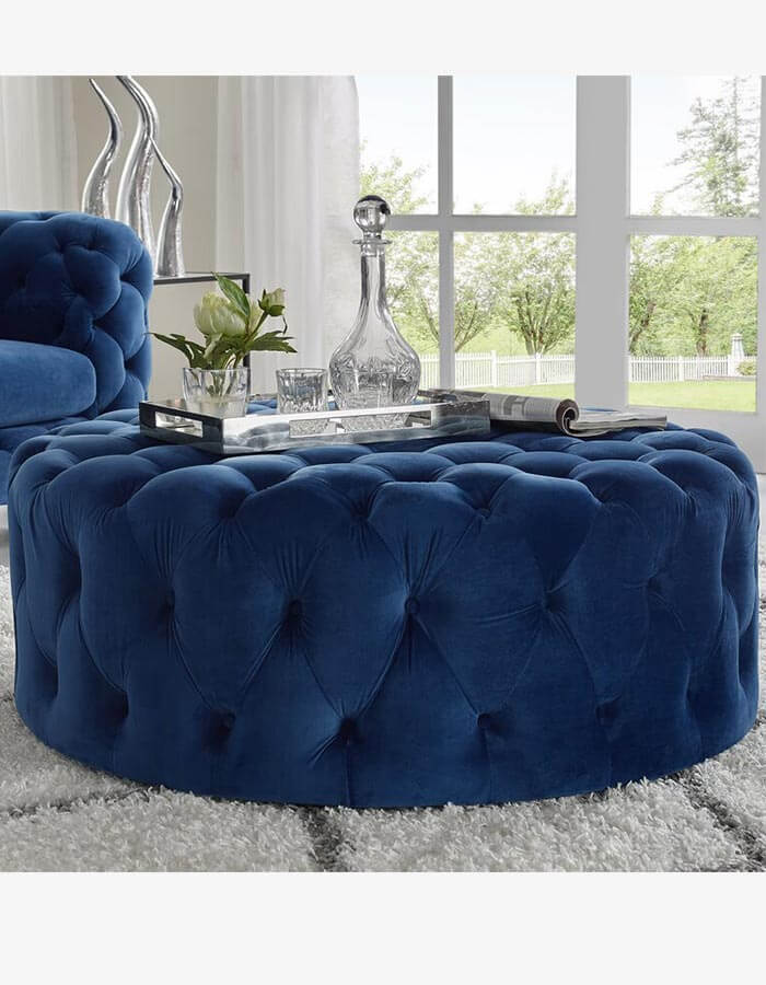 Mavi Rengi Kadife Kumaşlı Kapitoneli Yuvarlak Puf
