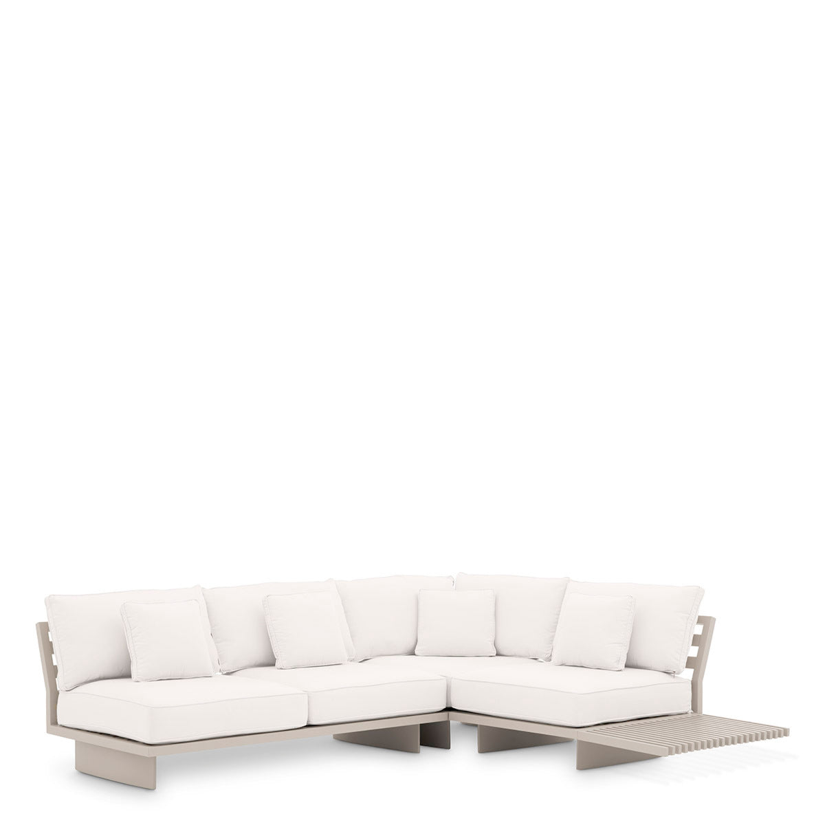 Royal Rahat outdoor corner sofa with white cushions, ideal for garden or poolside lounging.