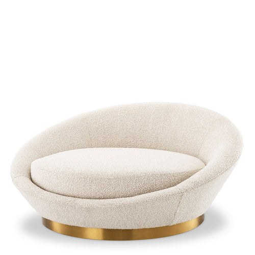 Duardo bej rengi teddy kumaşlı yuvarlak loveseat koltuk, gold rengi ayaklı, konforlu modern tasarım.