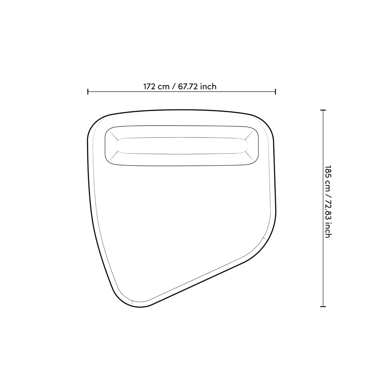 Oval outdoor furniture dimensions: 172 cm wide and 185 cm deep, ideal for garden seating.