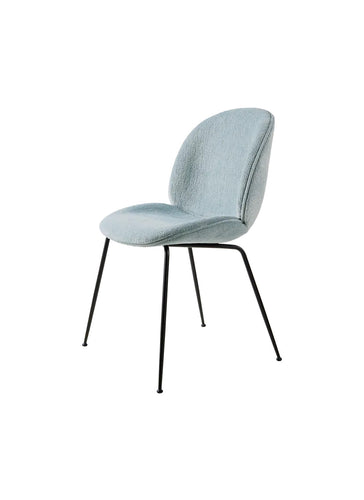 Beetle Mavi şönil kumaş döşemeli metal ayaklı sandalye, modern tasarım, ev ofis kullanımı için.