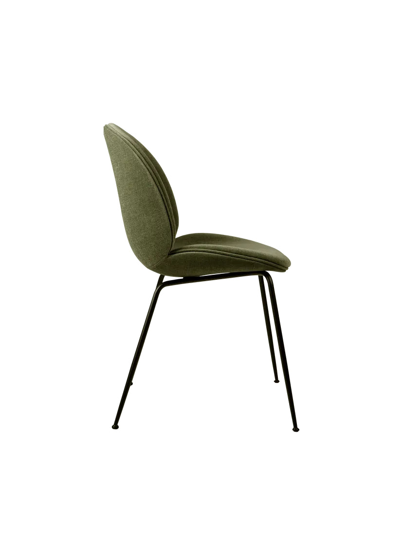 Beetle Haki Yeşili kadife kumaş döşemeli metal ayaklı sandalye, modern tasarım, ergonomik oturum, 56x58x87 cm boyutlarında.