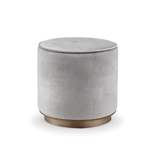 Stylish round gray suede puff with gold metal base, ideal for modern living spaces, measures 45x45x45 cm.