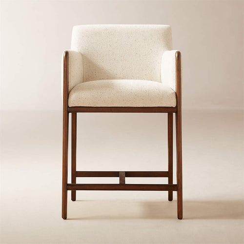 Casa Beyaz Keten Kumaşlı Kollu Ahşap Ceviz Rengi Bar Sandalyesi, 59x59x95 cm, şık ve konforlu tasarım