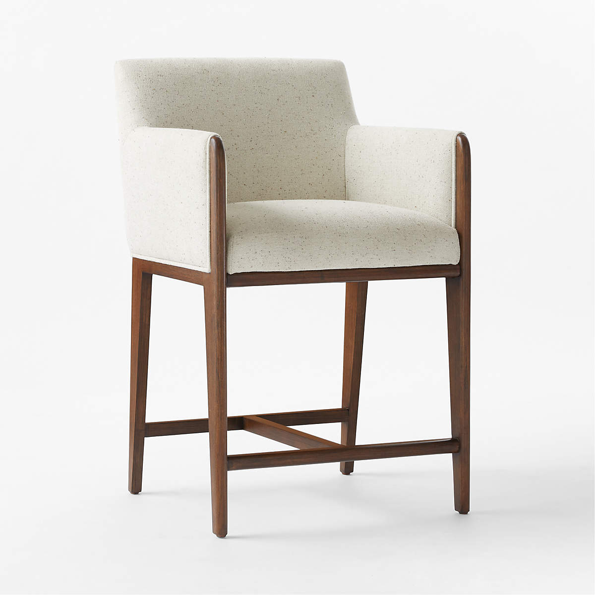Casa Beyaz Keten Kumaşlı Kollu Ahşap Ceviz Rengi Bar Sandalyesi, modern tasarım, 59x59x95 cm ölçüler.
