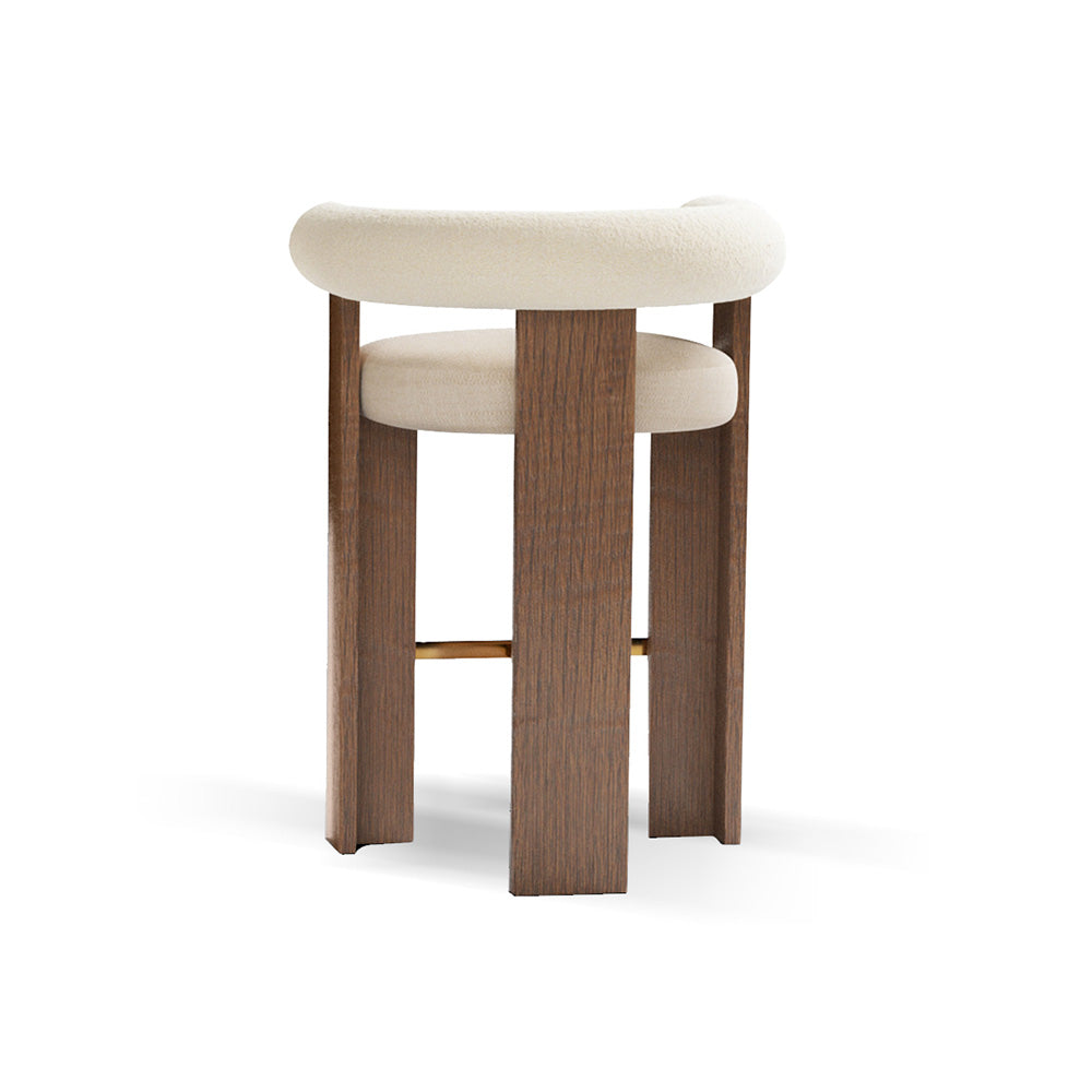 Casette bar stool with white teddy fabric cushion and walnut wood frame, height 90 cm, modern design.