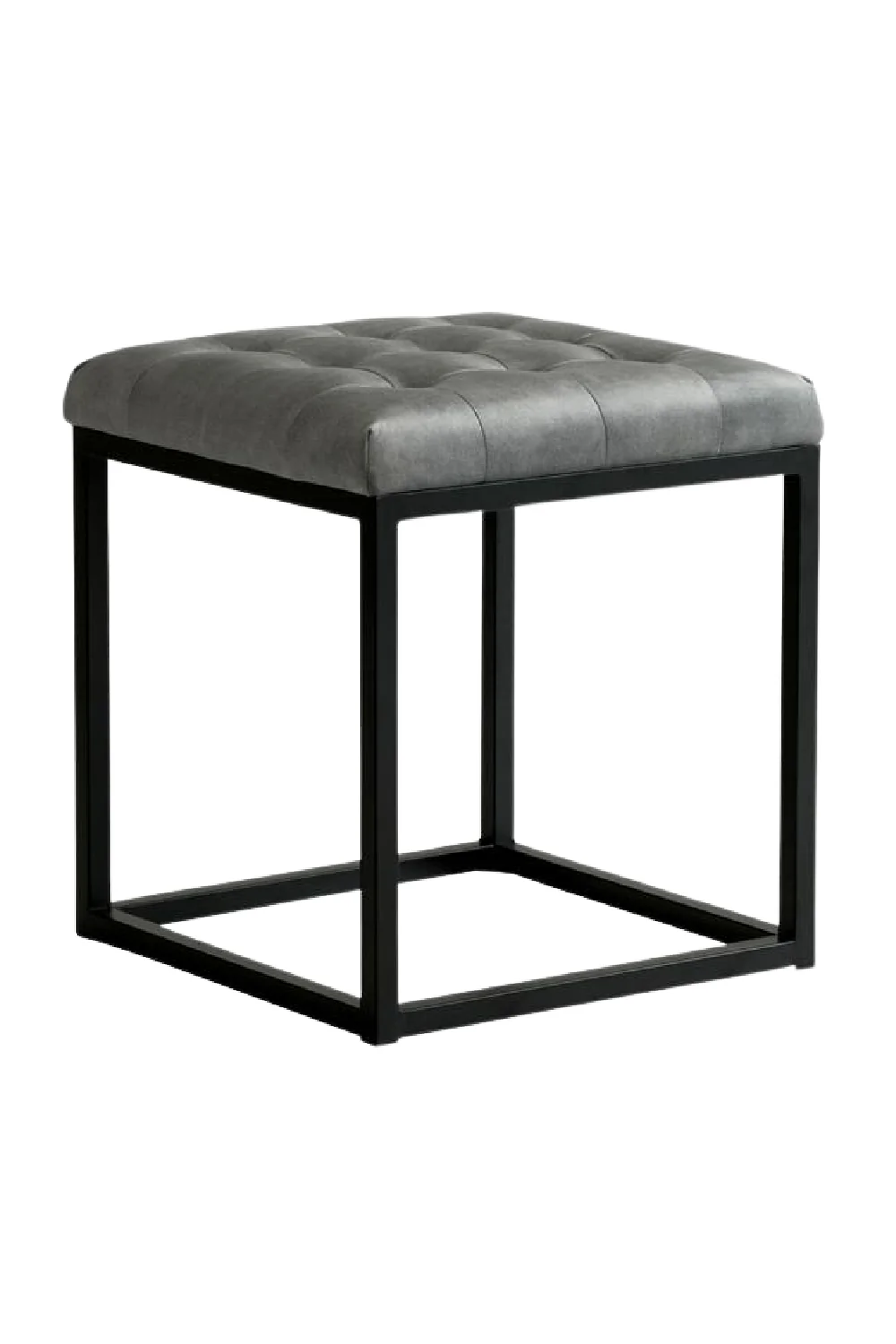 Elio gri suni deri kapitoneli kare puf, siyah metal ayaklı, modern tasarım, 50x50x45 cm, 75000 Martindur. 