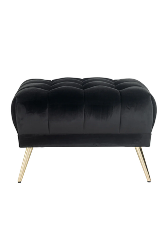 Huxley black velvet tufted ottoman with gold-plated conical metal legs, 70cm x 70cm x 45cm, durable fabric.