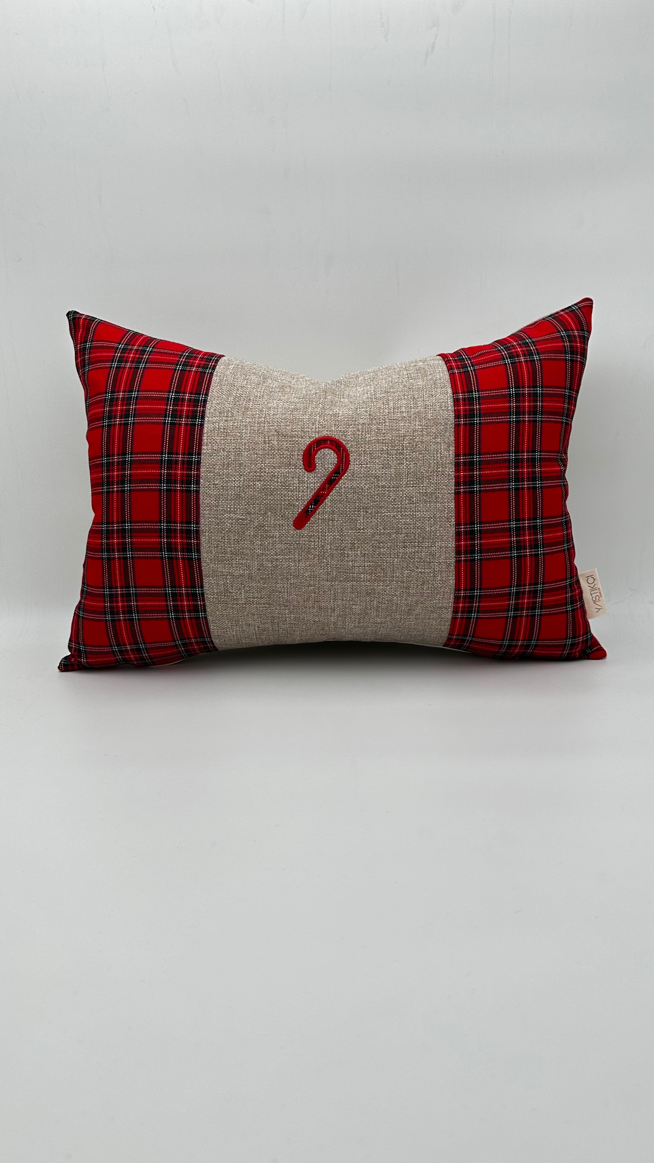 Kırmızı Ekose Baston Şeker Aplikeli Yılbaşı Konsepti Dikdörtgen Kırlent