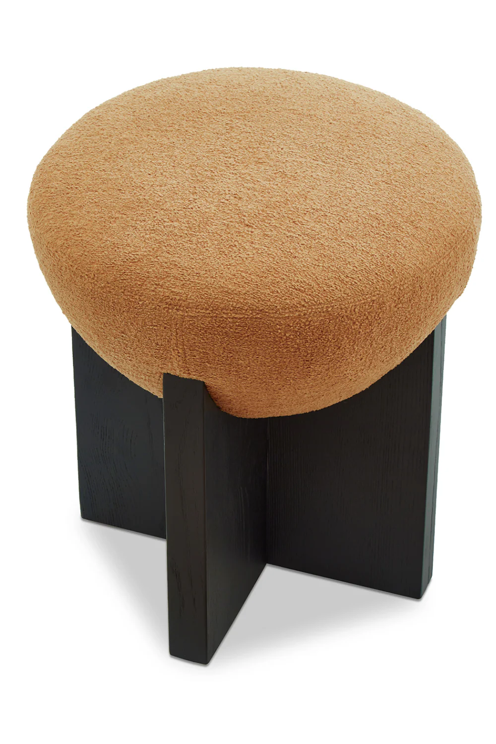Liang turuncu teddy bukle kumaşlı puf, siyah ahşap ayaklı, 45x45 cm, dayanıklı kumaş, modern dekorasyon.