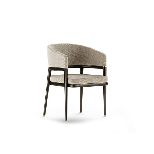 Modern Mark Krem Rengi Keten Kumaşlı Ahşap Koyu Ceviz Cilalı Sandalye, oyuş yüksekliği 45 cm.