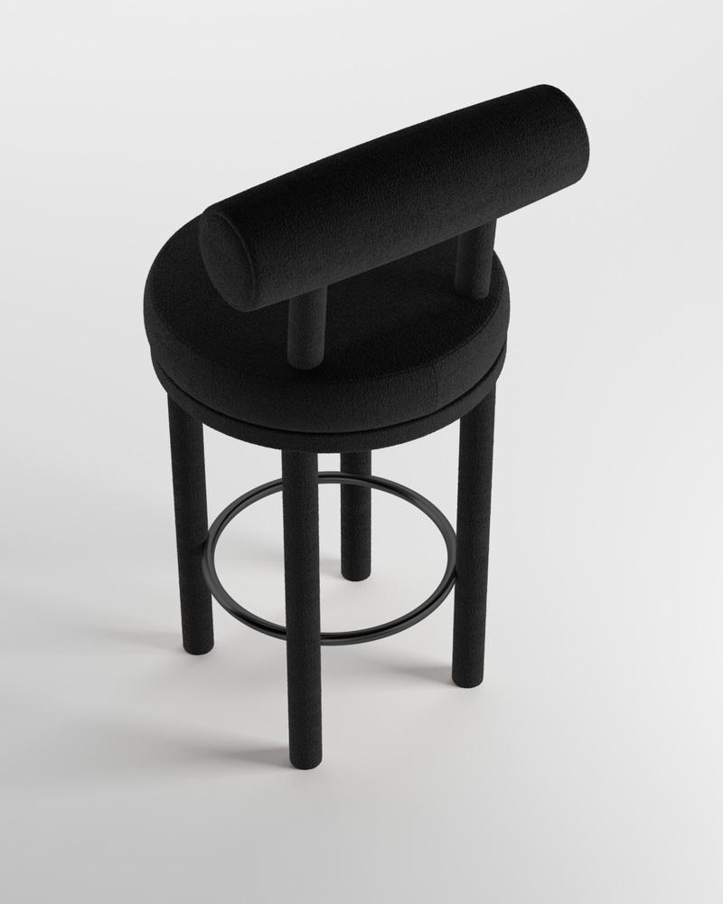 Moca siyah teddy bukle bar sandalyesi, metal detaylı, modern tasarım, ölçüler 45x52x102 cm.