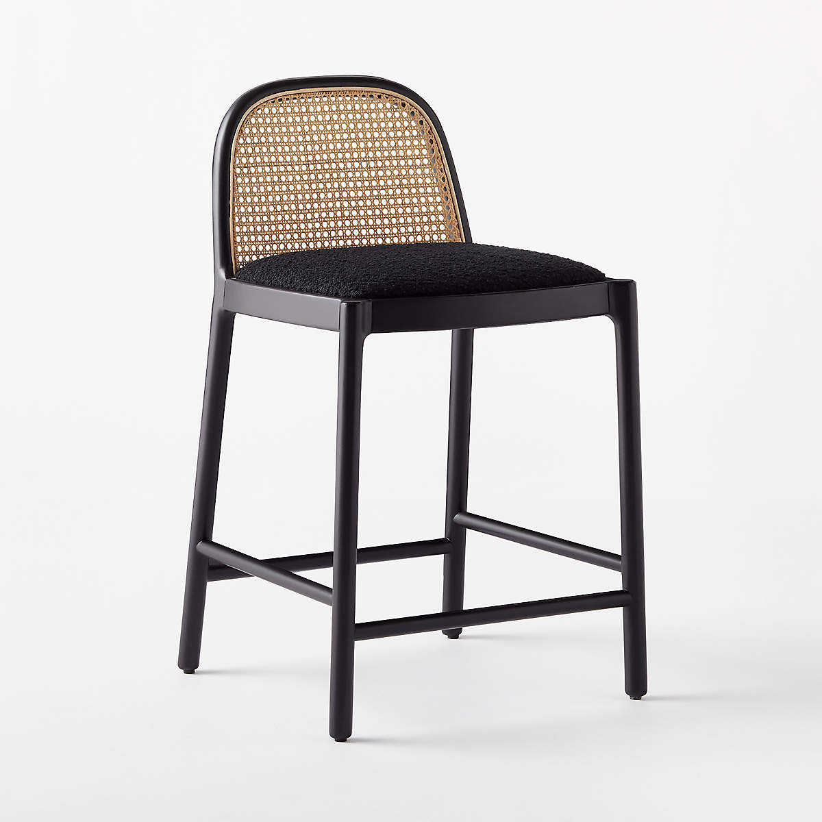 Nadia black teddy upholstered bar stool with wood legs, modern design, height 87 cm, seat height 61 cm.