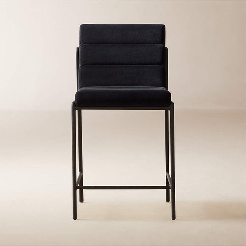 Nephi black velvet bar stool with seam details and black metal legs, dimensions: 60x50x93 cm.