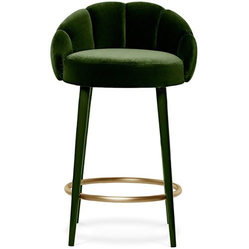 Olympia green velvet bar stool with unique design and golden metal footrest, 102 cm height, stylish for modern interiors.