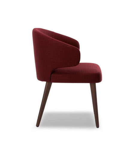 Aston Bordo Keten Kumaş döşemeli ahşap ayaklı kollu sandalye, modern ve şık tasarım, 64x58x74 cm ölçüler.