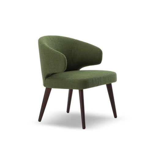 Aston haki yeşili keten kumaş döşemeli, ahşap ayaklı modern koltuk. Şık ve konforlu tasarım, oturum yüksekliği 45 cm.