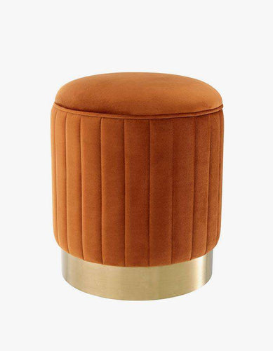 Dilimli Turuncu Kadife Pirinç Rengi Metal Ayaklı Yuvarlak Puf - Pufcu