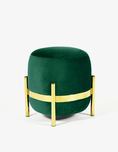 45 cm Çap Yeşil Rengi Kadife Kumaşlı Parlak Pirinç Sarı Kaplama Ayaklı Yuvarlak Puf